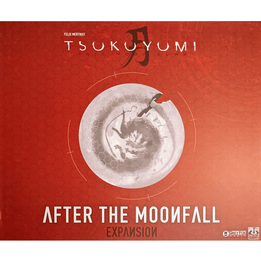 Cover for Tsukuyumi: Full Moon Down (Second Edition) – After the Moonfall Expansion by Grey Fox Games, featuring a white cracked moon on a red background with hexagon patterns and game logos.