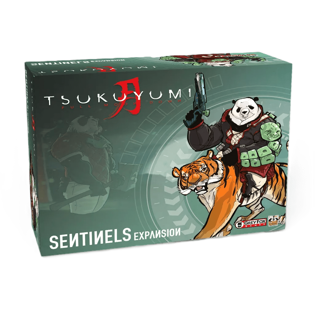 A green game box for Grey Fox Games' Tsukuyumi: Full Moon Down – Sentinels Expansion displays stylized artwork of an armored panda and a sword-wielding mystic riding a tiger, with logos on the front.