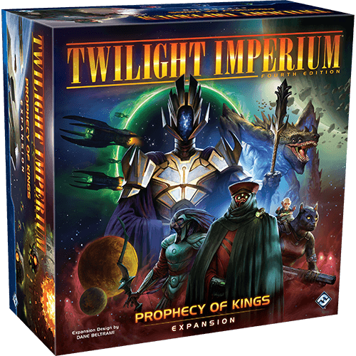 The box cover of Fantasy Flight Games' Twilight Imperium: Fourth Edition: Prophecy of Kings features armored sci-fi figures, spaceships, alien beings, and teases new factions amid a cosmic backdrop with planets and stars.