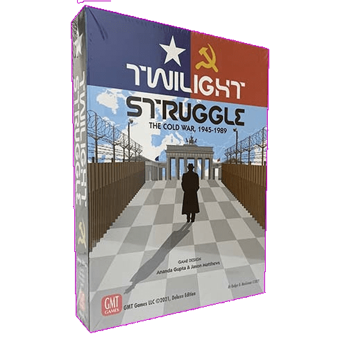 The image displays the box cover of Twilight Struggle Deluxe Edition (8th printing) by GMT Games—a two-player strategy game set during the Cold War, featuring a silhouetted figure on a checkered path beneath the title.