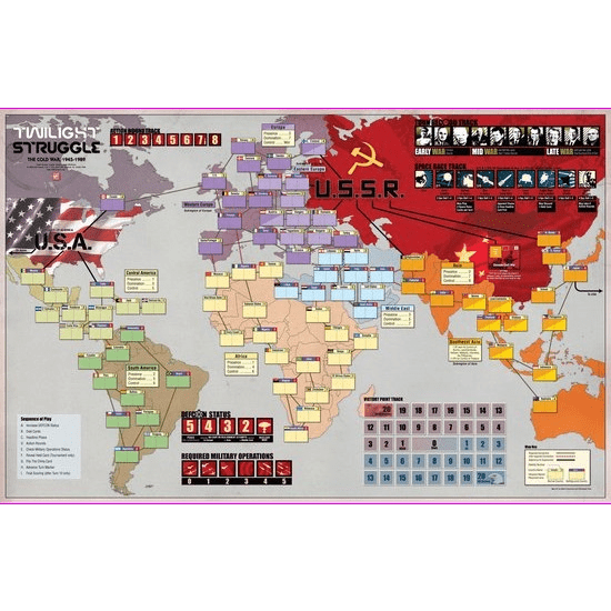 The Twilight Struggle Mounted Map by GMT Games features a sturdy world map with regional divisions, scoring tracks, military operations, turn progression, event card areas for the USA and USSR, and influence indicators.