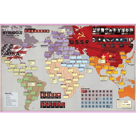 The Twilight Struggle Mounted Map by GMT Games features a sturdy world map with regional divisions, scoring tracks, military operations, turn progression, event card areas for the USA and USSR, and influence indicators.