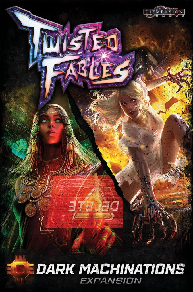 Cover art for Twisted Fables: Epic Collection by Diemension Games shows an Egyptian-themed woman and a white-haired woman shattering glass, with dynamic neon logos and digital effects matching the set’s distinctive style.