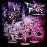 The Twisted Fables: Epic Collection by Diemension Games features ten detailed core game miniatures in dynamic poses, displayed in a box with a vibrant purple and pink swirling-patterned background.