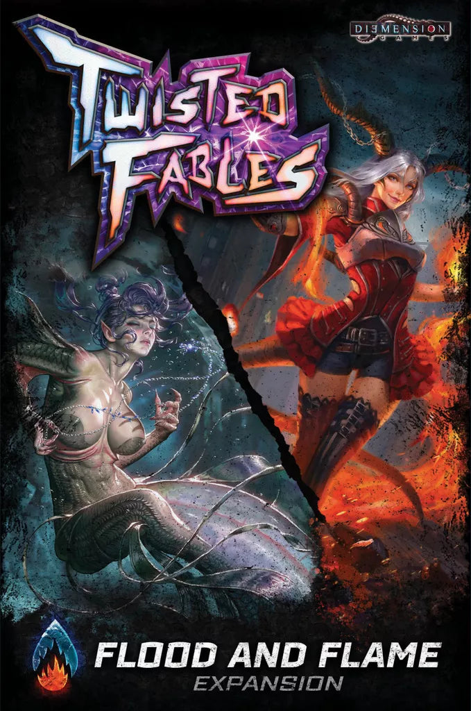 Cover art for Twisted Fables: Flood and Flame Expansion from Diemension Games’ Epic Collection features two fierce women—one with water, one fiery—divided by a diagonal crack. The expansion title and core game logo appear at the top.