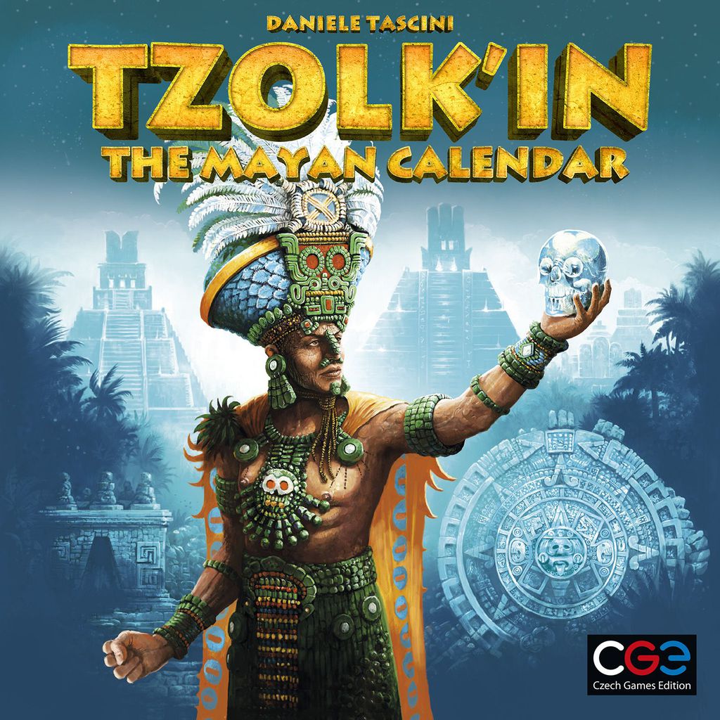 A Mayan king in feathered headdress holds a crystal skull before ancient pyramids and a massive calendar stone. Title: Tzolk'in The Mayan Calendar, an exciting worker placement game by Czech Games Edition (CGE), appears above the CGE logo.
