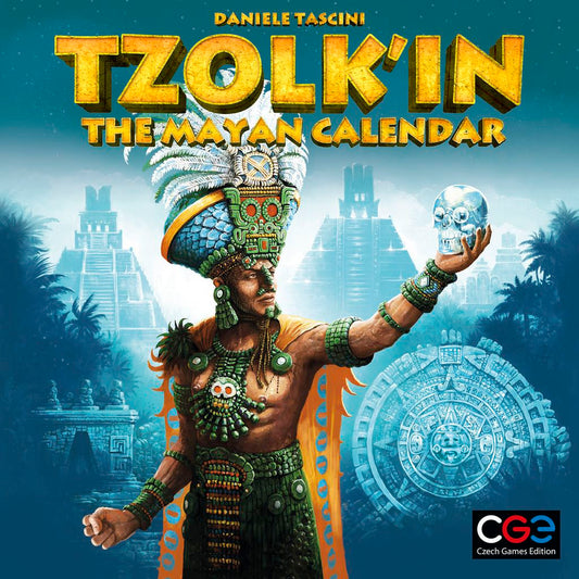 A Mayan king in feathered headdress holds a crystal skull before ancient pyramids and a massive calendar stone. Title: Tzolk'in The Mayan Calendar, an exciting worker placement game by Czech Games Edition (CGE), appears above the CGE logo.