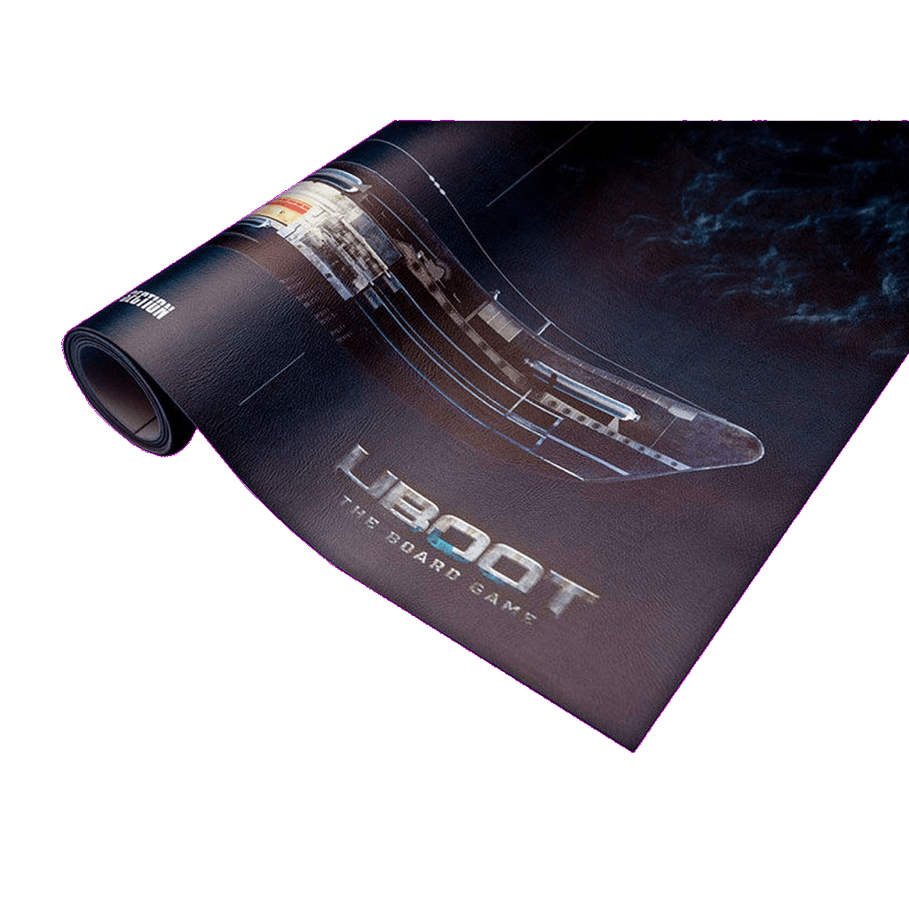 A close-up of the Phalanx U-Boot The Board Game - Giant Play Mat (Eco Leather), showcasing its rolled submarine blueprint design and game title on the surface.