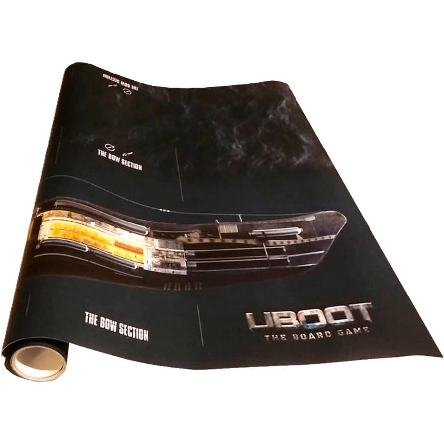 Enhance U-Boot sessions with the Phalanx U-Boot The Board Game - Giant Play Mat (Latex), a 95 x 37 cm rolled-up mat showing a submarine bow section cutaway with game title—ideal for gameplay.