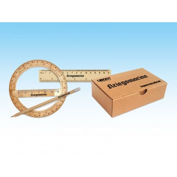 U-Boot The Board Game - Wooden Plotting Tools by Phalanx: includes a circular protractor, two rulers, and a pencil—ideal for WWII submarine fans or U-BOOT players—presented beside a Kriegsmarine-marked brown box.