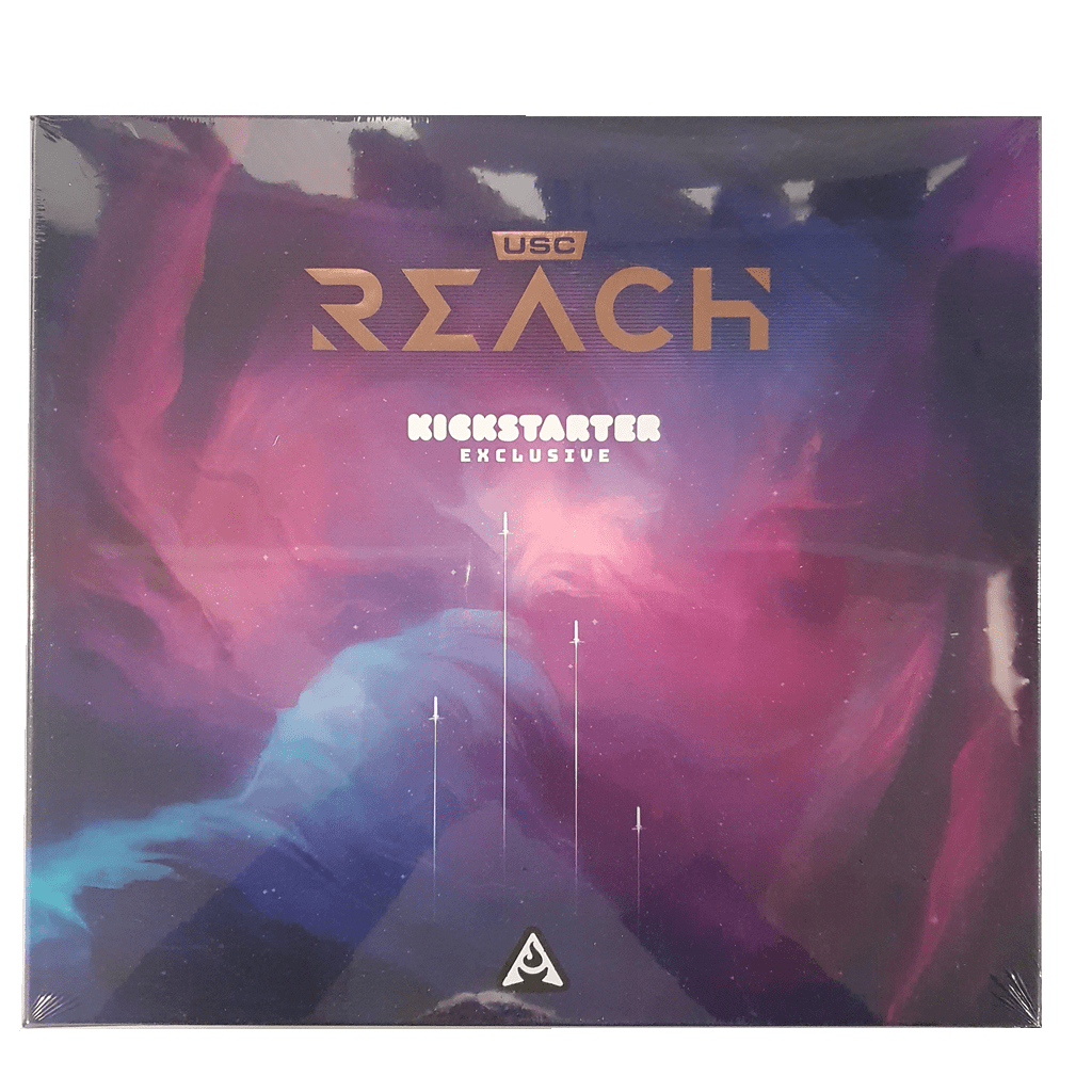 A board game box titled "USC: Reach Galactic Edition" by Arvis Games with "Kickstarter Exclusive" below. The cover features a colorful, abstract cosmic design in swirling purples, pinks, and blues—ideal for fans of space board games.