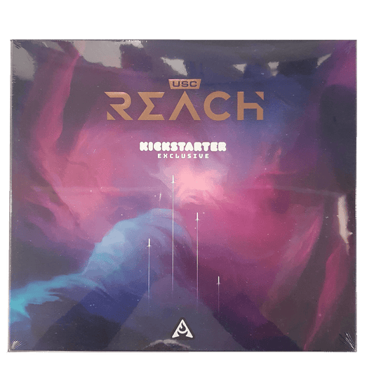 A board game box titled "USC: Reach Galactic Edition" by Arvis Games with "Kickstarter Exclusive" below. The cover features a colorful, abstract cosmic design in swirling purples, pinks, and blues—ideal for fans of space board games.