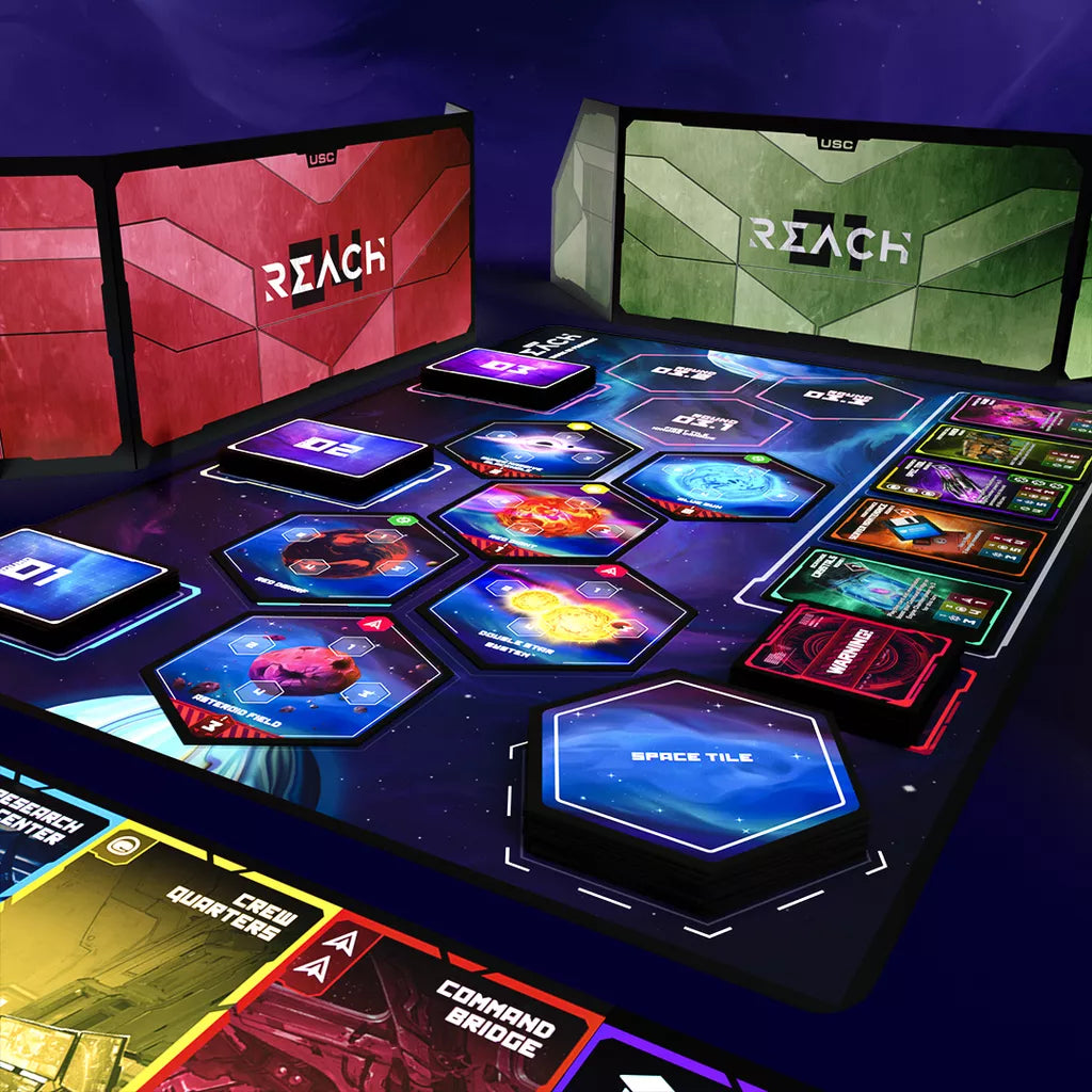 A vibrant setup of USC: Reach Galactic Edition by Arvis Games features hex tiles, cards, and REACH-labeled player screens on a futuristic table, showcasing sci-fi elements in this strategic, turn-based board game.
