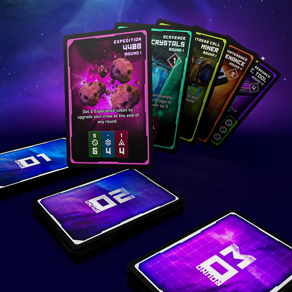 USC: Reach Galactic Edition by Arvis Games is a sci-fi deck-building game set in space, featuring colorful chapter and action cards like Expedition 4048, all displayed on a vibrant purple, star-filled background.