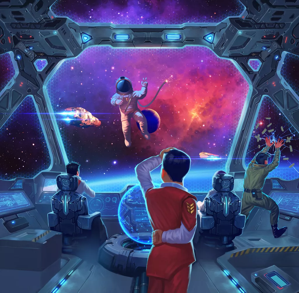 In USC: Reach Galactic Edition by Arvis Games, three crew inside a spaceship watch an astronaut float as ships fly past. Amid stars and nebulae, one salutes, another controls, while the third panics—capturing the tension of this strategy game.