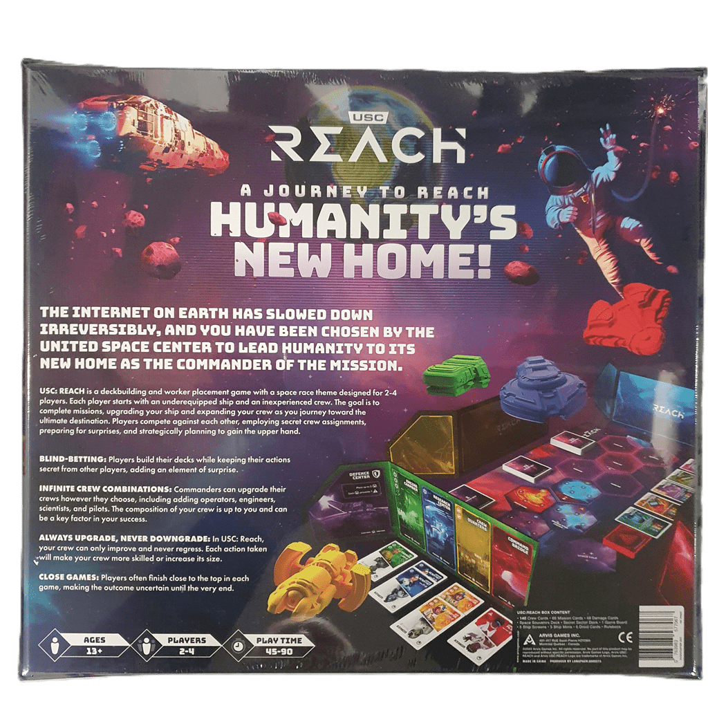 Box cover of USC: Reach Galactic Edition by Arvis Games, featuring a space theme with spaceships, an astronaut, and game components like cards and miniatures shown at the bottom.