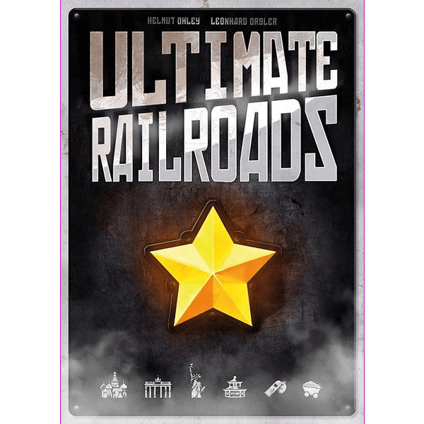 The image shows the cover of Ultimate Railroads by Z-Man Games, with bold metallic title text at the top, a yellow star at the center, and small train and landmark icons along the bottom.