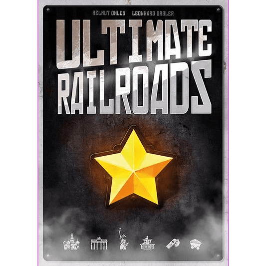 The image shows the cover of Ultimate Railroads by Z-Man Games, with bold metallic title text at the top, a yellow star at the center, and small train and landmark icons along the bottom.