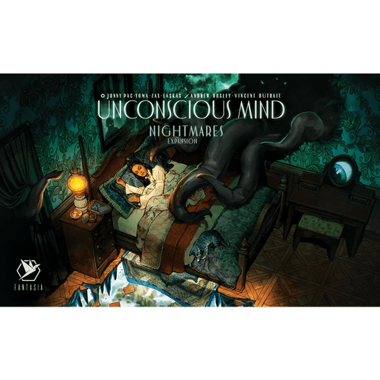 A woman lies in bed in a dark, vintage room as eerie shadowy hands emerge from beneath her blanket, evoking surreal nightmare dreams. Text reads "Unconscious Mind: Nightmares Expansion" by Fantasia Games.