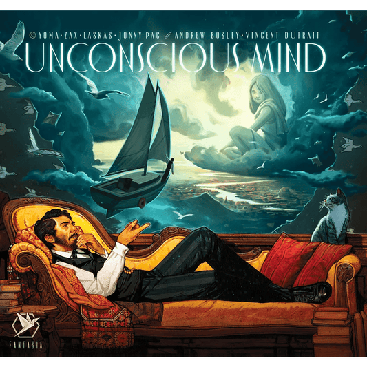 A man lounges on a vintage couch by Fantasia Games’ Unconscious Mind, smoking a pipe and dreaming of a surreal scene—woman, sailboat, birds, clouds—as his cat watches. The game title appears atop this psychoanalysis-inspired artwork.