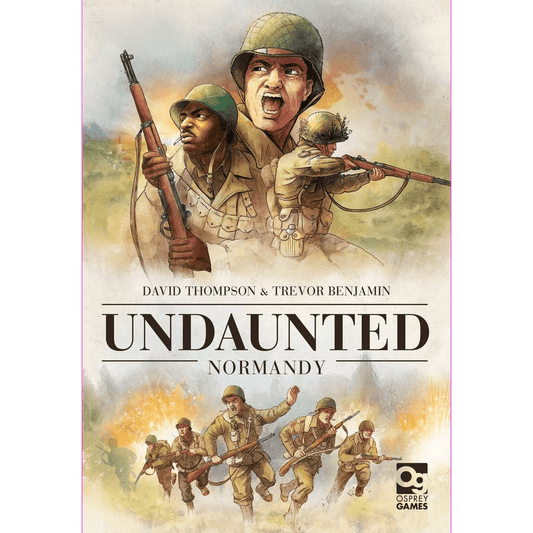 The illustrated cover of Undaunted: Normandy by Osprey Games shows determined WWII soldiers with rifles advancing in combat, with the authors’ names and Osprey Games logo also featured.