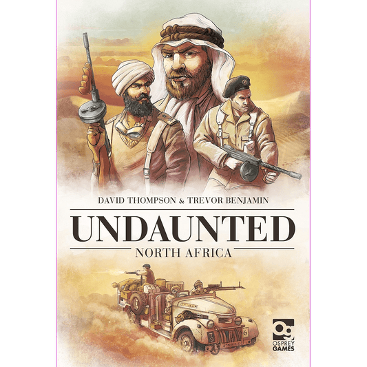 The illustrated cover of Osprey Games' Undaunted: North Africa, a WWII board game, features three armed soldiers in desert uniforms, a military vehicle on sandy dunes, and swirling dust adding intensity to the scene.