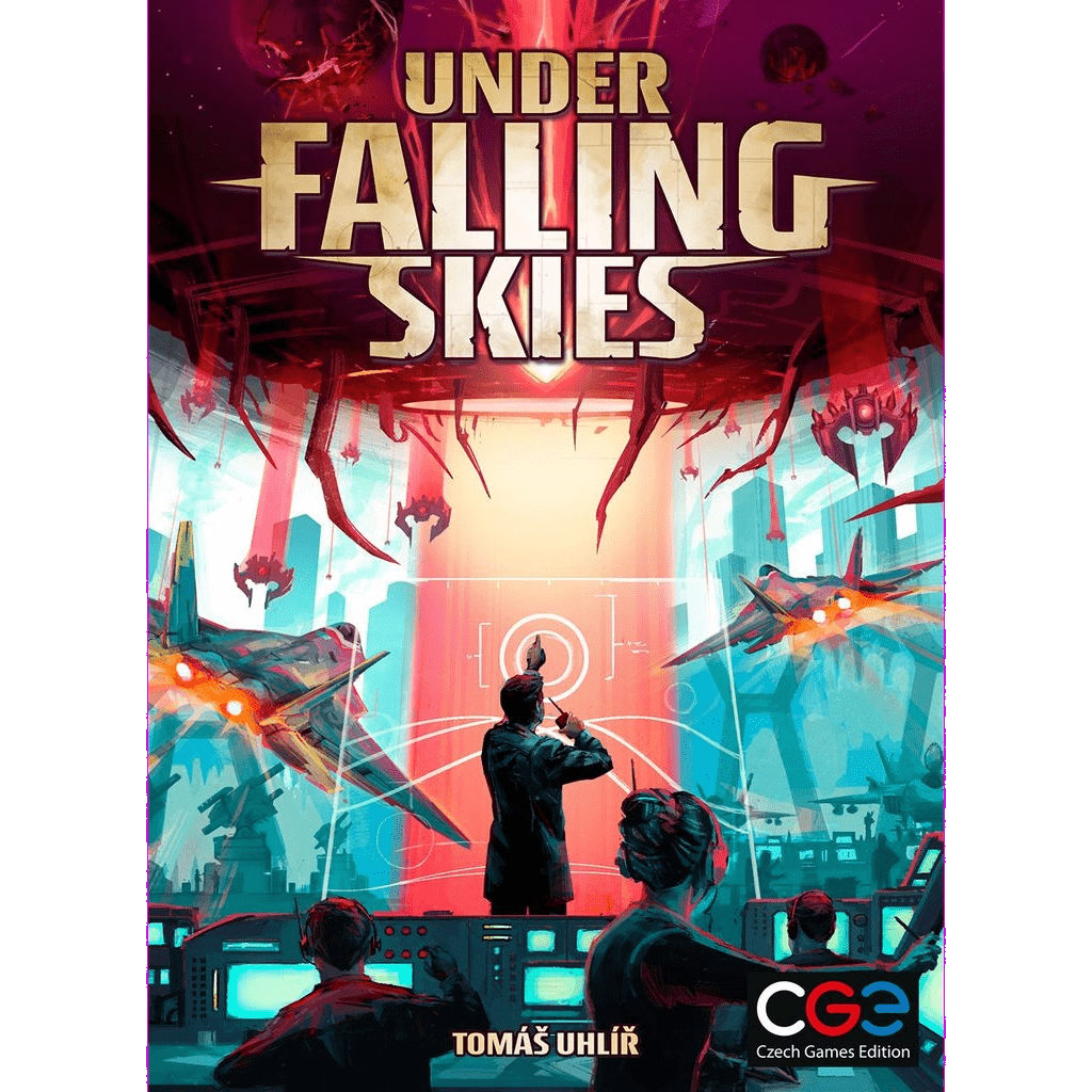A person stands in an underground base, watching alien ships invade the sky amid red and blue tones. At the top is "Under Falling Skies," a solo dice placement board game by Czech Games Edition (CGE), with Tomáš Uhlíř listed below.
