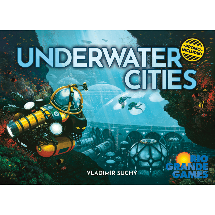 A submarine explores a glowing domed underwater city inspired by Underwater Cities (Rio Grande Games), with credit to Vladimír Suchý and Rio Grande Games. A sticker says “Promo Included.”.