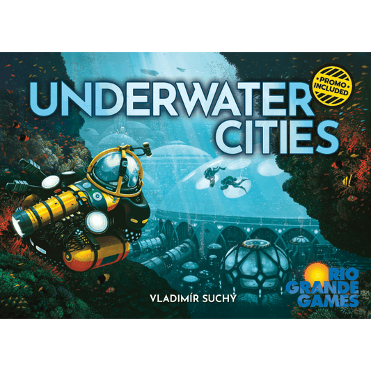 A submarine explores a glowing domed underwater city inspired by Underwater Cities (Rio Grande Games), with credit to Vladimír Suchý and Rio Grande Games. A sticker says “Promo Included.”.