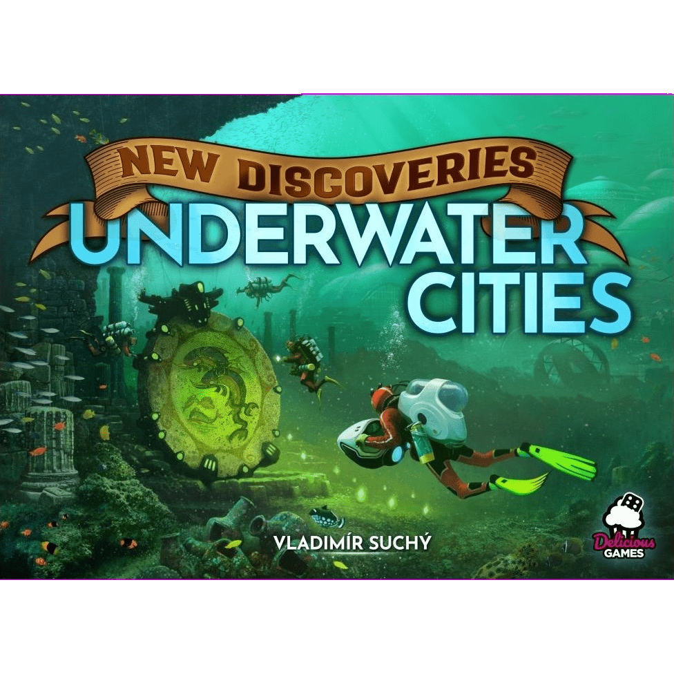 The cover of the Underwater Cities New Discoveries Expansion by Delicious Games features divers in futuristic gear exploring a vibrant underwater city filled with coral, sea life, and a large golden disc, with the title and Delicious Games logo clearly di