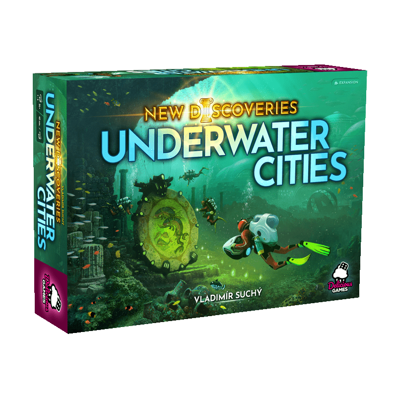 The Underwater Cities New Discoveries Expansion (Delicious Games) box features futuristic underwater structures, a diver, submersible, and marine life, with designer Vladimir Suchy's name at the bottom. Brand: Delicious Games.