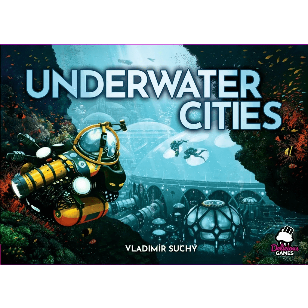 A diver in a yellow suit swims by futuristic underwater domes and tunnels teeming with sea life. "Underwater Cities (Delicious Games)" appears prominently at the top, with the Delicious Games brand name at the bottom.