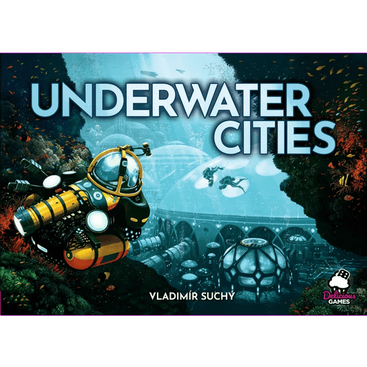 A diver in a yellow suit swims by futuristic underwater domes and tunnels teeming with sea life. "Underwater Cities (Delicious Games)" appears prominently at the top, with the Delicious Games brand name at the bottom.