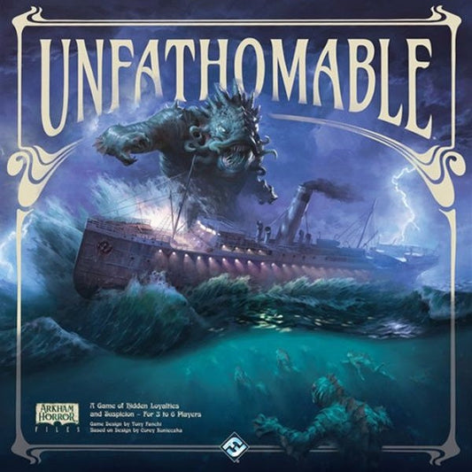 Cover art for Unfathomable by Fantasy Flight Games: a giant sea monster attacks the SS Atlantica amid stormy seas, as shadowy Deep Ones lurk just beneath the waves.