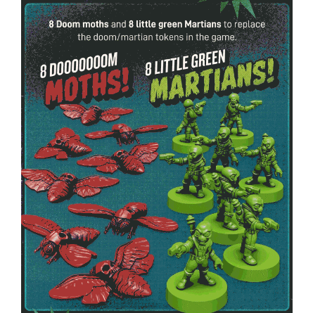 Unmatched Adventures: Tales to Amaze Martian and Doom Deluxe Tokens by Restoration Games includes 8 red plastic doom moths and 8 green martians, shown on a textured background with labels “8 DOOOOOOM MOTHS!” and “8 LITTLE GREEN MARTIANS!”.