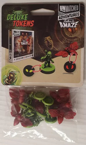 A package of Restoration Games' Unmatched Adventures: Tales to Amaze Martian and Doom Deluxe Tokens, featuring green Martians, red plastic miniatures, and a game box image in the top left.
