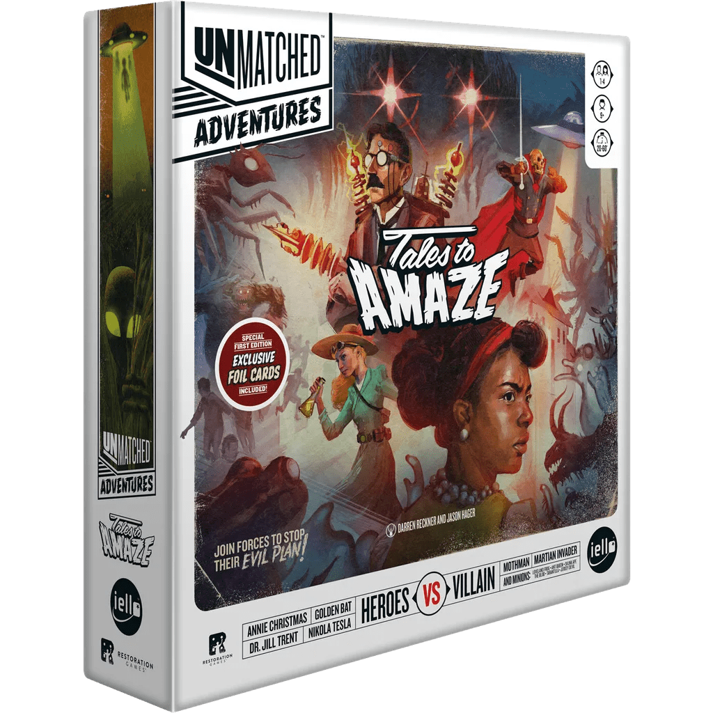 The image displays the box for Iello’s Unmatched Adventures: Tales to Amaze, a cooperative board game featuring dramatic heroes facing monsters on the cover, with Heroes vs Villain text and pulp adventure-themed details.