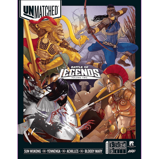 Four legendary warriors—Sun Wukong, Yennenga, Achilles, and Bloody Mary—clash in Restoration Games’ Unmatched: Battle of Legends, Volume Two, an asymmetrical miniatures game full of tactical combat.
