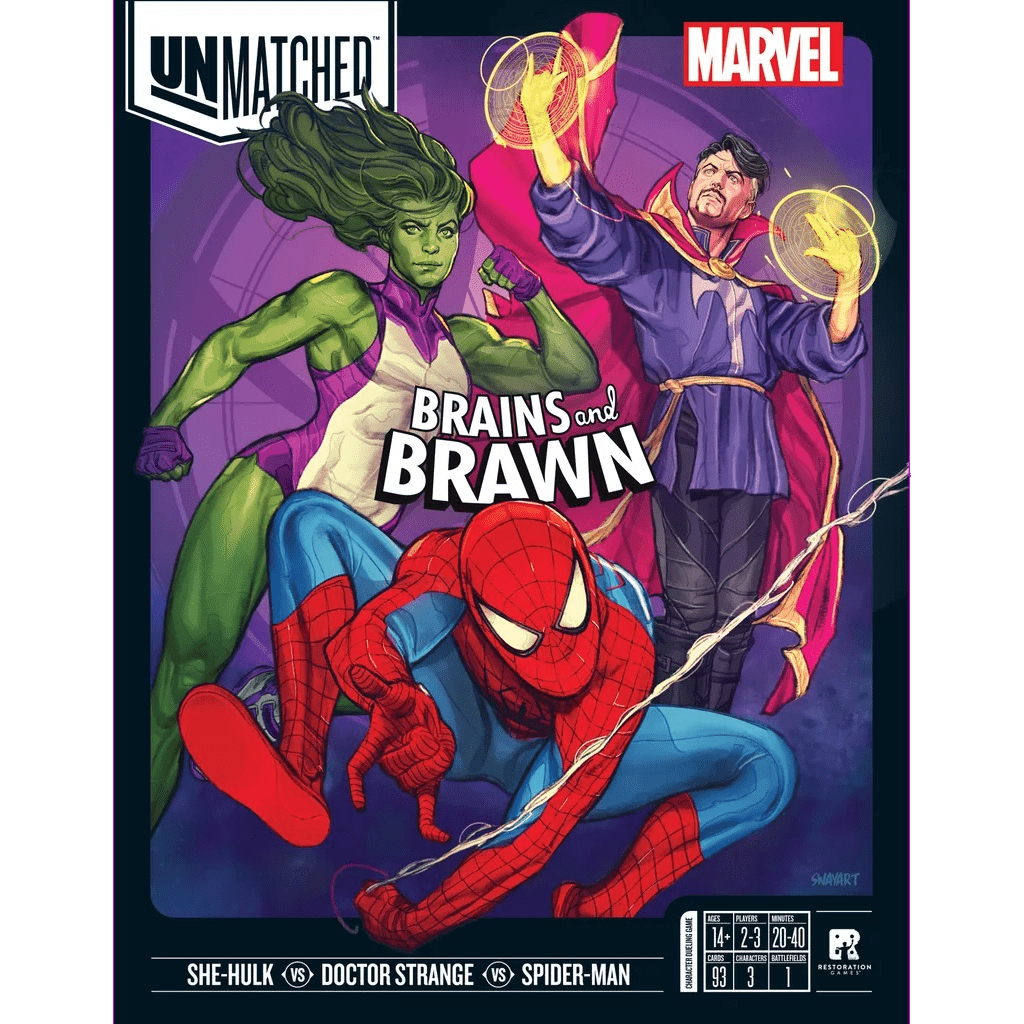 The Unmatched: Brains and Brawn game box by Restoration Games features an illustration of She-Hulk, Dr. Strange, and Spider-Man in action, with the game title and character names displayed prominently.
