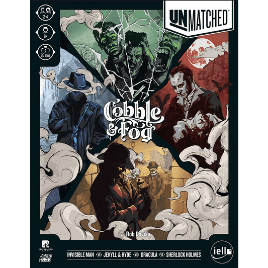 Box cover for Unmatched: Cobble & Fog (Iello) by Restoration Games, featuring illustrated portraits of Invisible Man, Jekyll & Hyde, Dracula, and Sherlock Holmes against a foggy Victorian London backdrop.