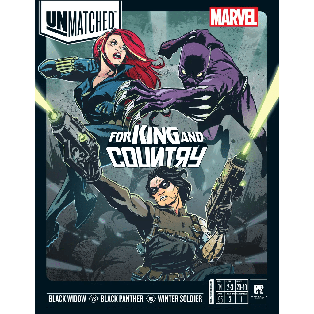 Box art for Unmatched: For King and Country by Restoration Games, showing Marvel heroes Black Widow, Black Panther, and Winter Soldier in action poses with weapons and dramatic spotlights behind them.