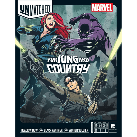 Box art for Unmatched: For King and Country by Restoration Games, showing Marvel heroes Black Widow, Black Panther, and Winter Soldier in action poses with weapons and dramatic spotlights behind them.