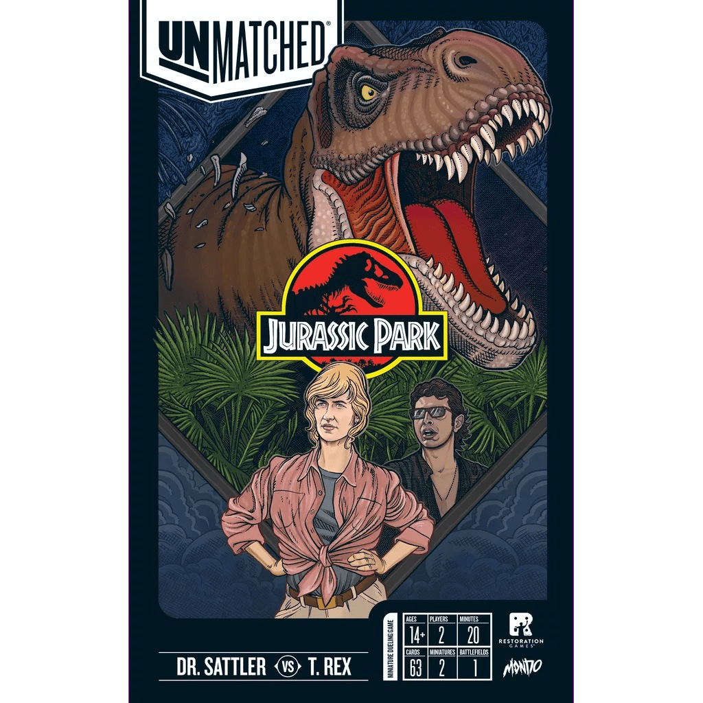 Box cover for Unmatched: Jurassic Park Dr. Sattler vs. T. Rex by Restoration Games shows Dr. Sattler and another character before a jungle, with a towering T. Rex and the Jurassic Park logo above, plus game stats and title at the bottom.