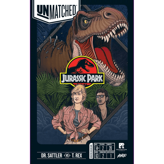 Box cover for Unmatched: Jurassic Park Dr. Sattler vs. T. Rex by Restoration Games shows Dr. Sattler and another character before a jungle, with a towering T. Rex and the Jurassic Park logo above, plus game stats and title at the bottom.