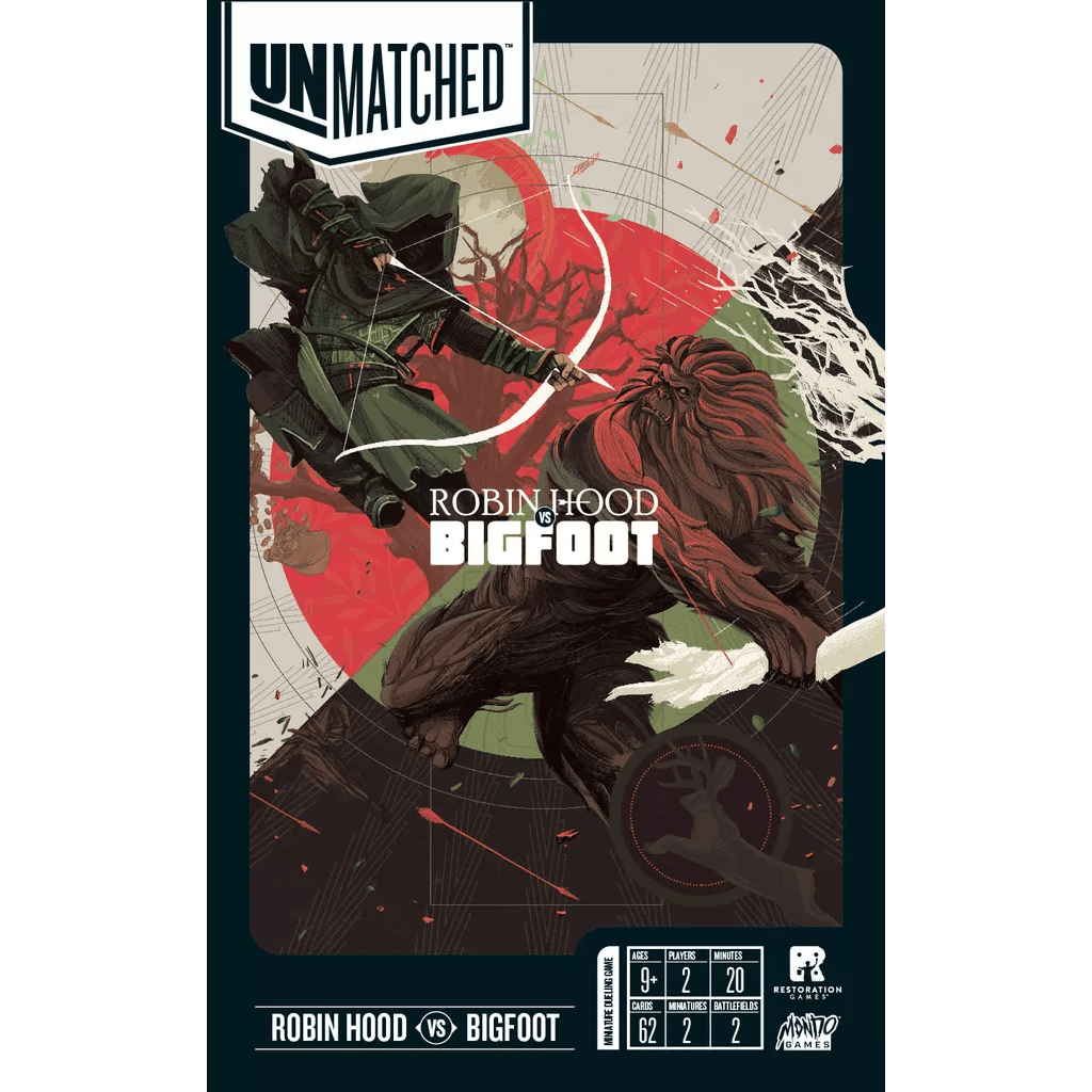 The box art for Unmatched: Robin Hood vs. Bigfoot by Restoration Games shows Robin Hood leaping with a sword at Bigfoot, who holds a large branch, set against a red and green background with game info at the bottom.