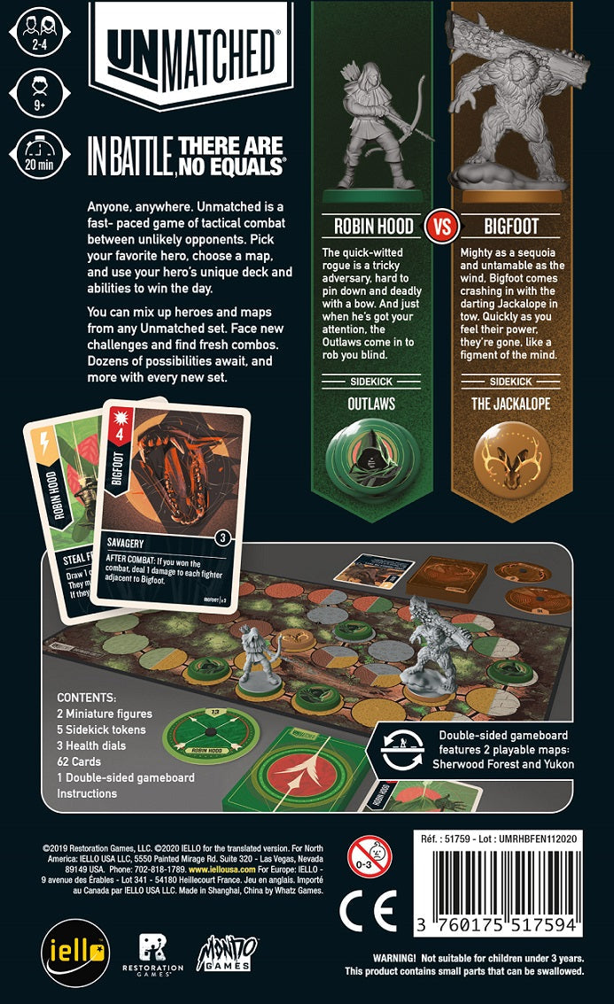 Back of the Unmatched: Robin Hood vs. Bigfoot (Iello) box displays miniatures, character cards, gameplay features, content details, age rating, and thrilling face-offs—highlighting this Iello miniature fighting game's legendary battles.