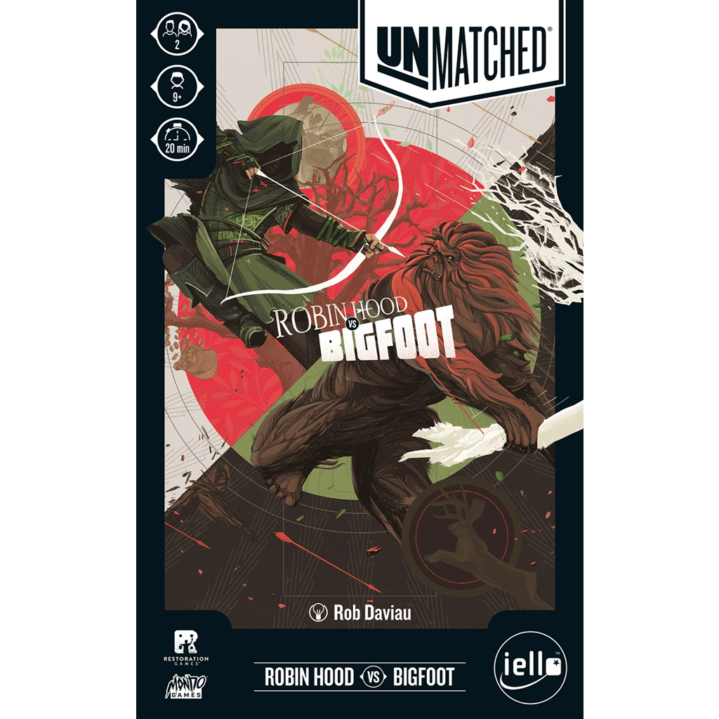 Cover art for Unmatched: Robin Hood vs. Bigfoot (Iello) features comic-style artwork of Robin Hood with his bow facing off against Bigfoot, with the title and Iello brand details displayed.