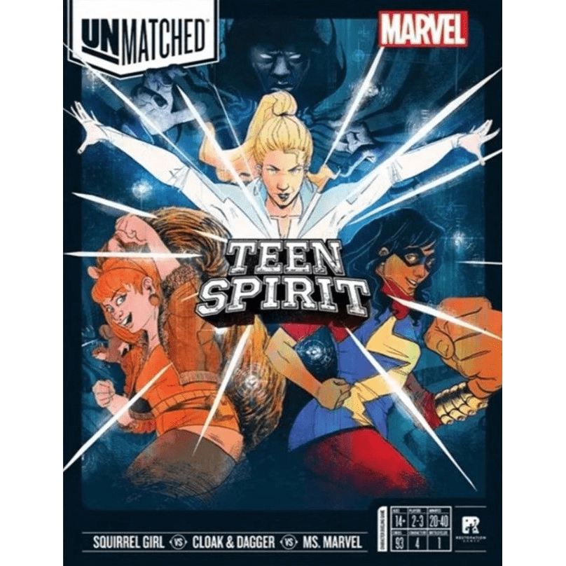 Comic-style cover for Unmatched: Teen Spirit by Restoration Games, featuring Marvel heroes Squirrel Girl, Cloak & Dagger, and Ms. Marvel with glowing powers around the game's title.
