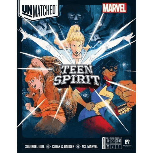 Comic-style cover for Unmatched: Teen Spirit by Restoration Games, featuring Marvel heroes Squirrel Girl, Cloak & Dagger, and Ms. Marvel with glowing powers around the game's title.