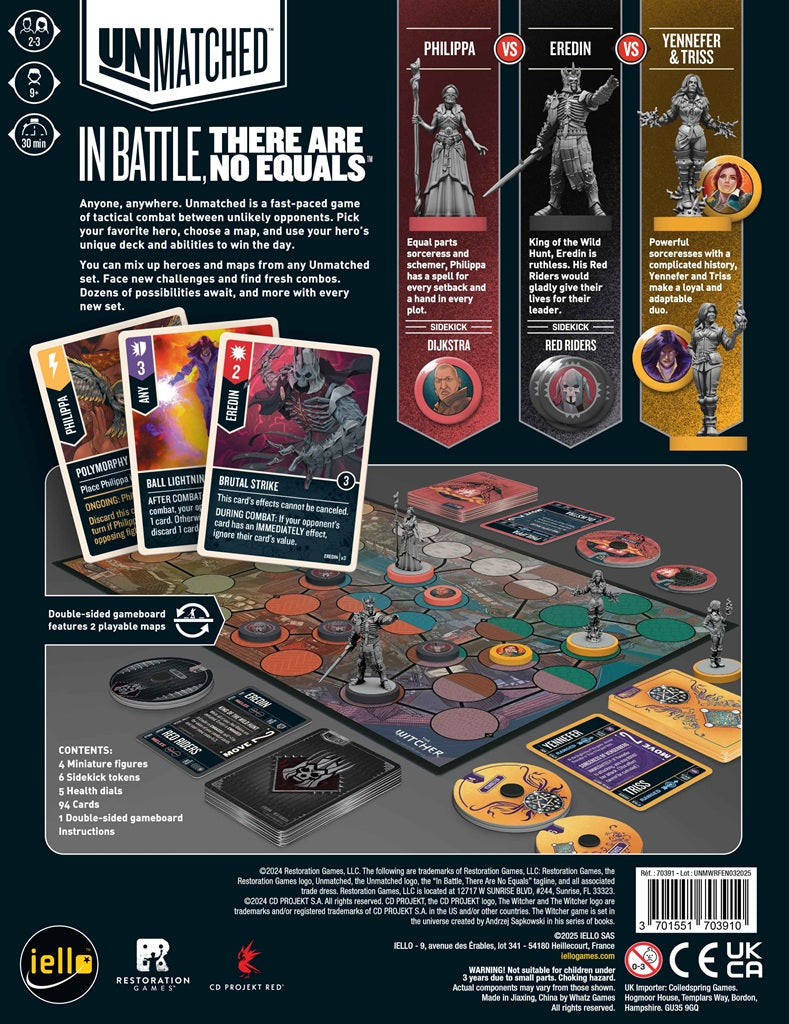 The back of the Unmatched: The Witcher – Realms Fall box by Iello shows miniatures, cards, tokens, a board, character info for Philippa, Eredin, Yennefer & Triss, and a full component list for this asymmetrical fighting game.